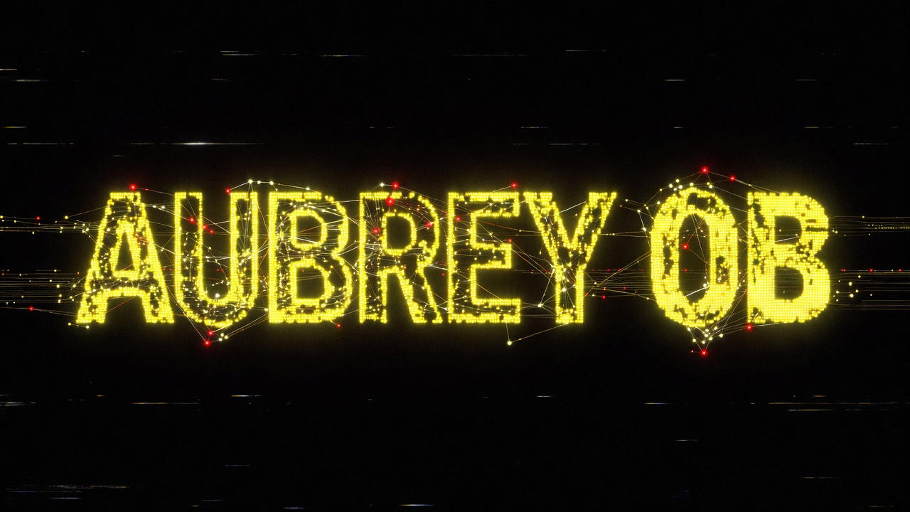 Aubrey OB flagship signal — acid type knitted from nodes on the void